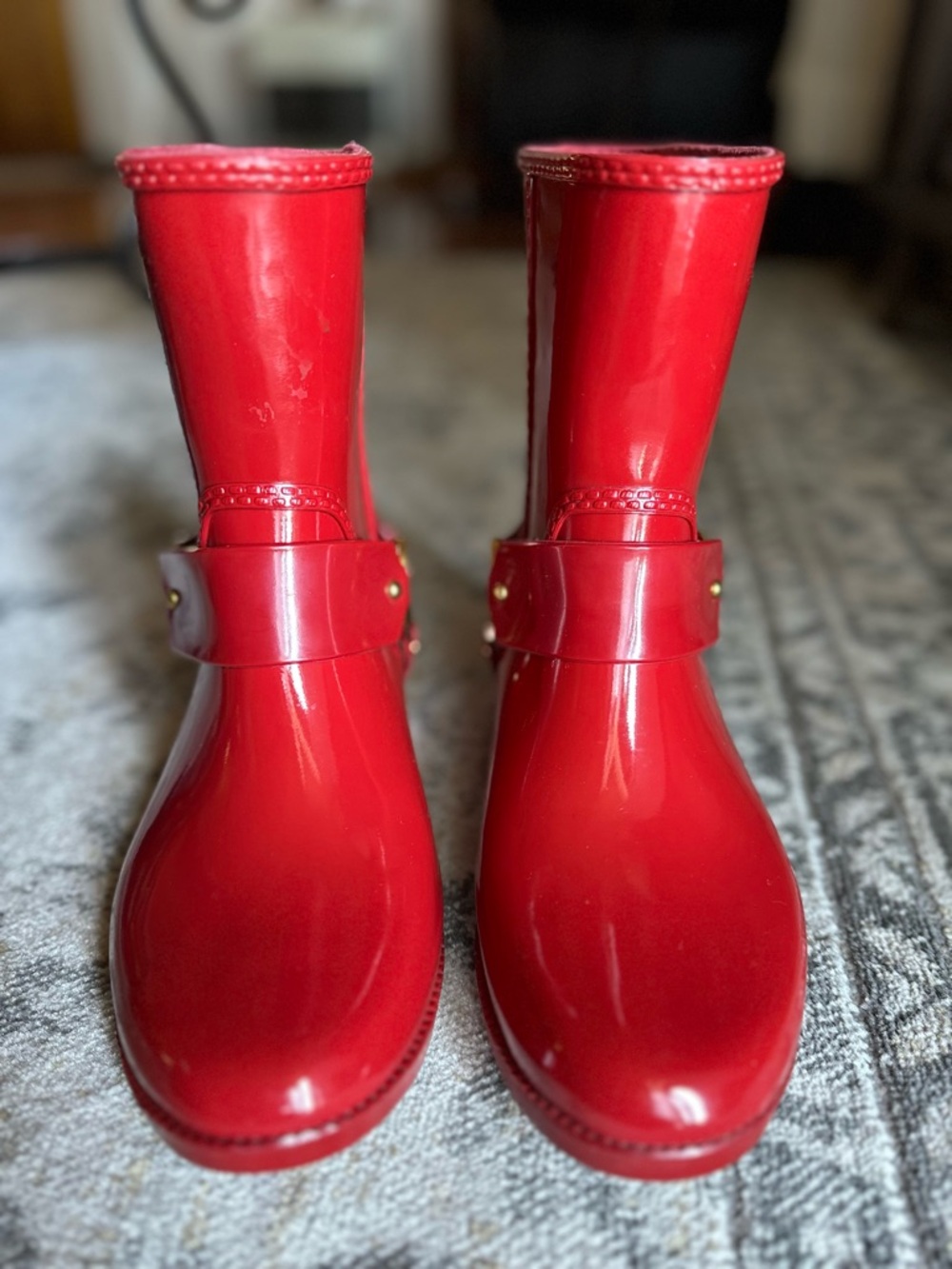 Michael Kors Red Gloss Rain Boots with Studded Strap